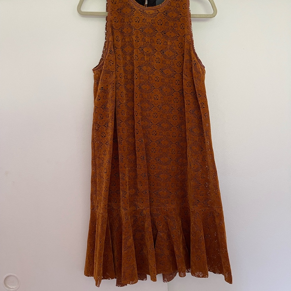 Maeve Suede Lace Mini Dress in Rich Brown